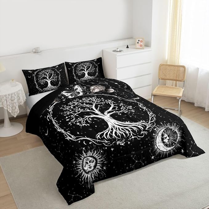 Feelyou Sun and Moon Comforter Bohemian Tree Butterfly Style Bedding Set Psychedelic Hippie Comforter Set for Boys Girls Children Teens Bedroom Decor Galaxy Astrology Duvet Set Queen Size