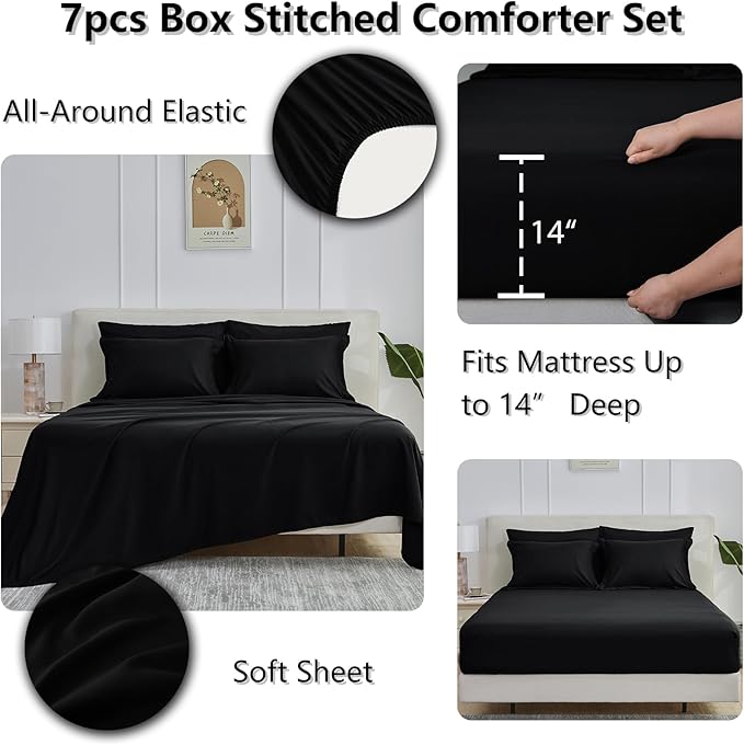 CozyLux Oversized Queen Comforter Sets Black, 7 Pieces Bed in a Bag, 98x98 Box Stitched Design Bedding Set, All Season Luxury Soft Bed Set with Down Alternative Comforter, Sheets, Pillowcases & Shams