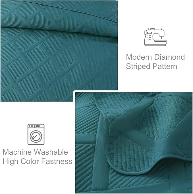 Exclusivo Mezcla King Quilt Set- Teal Quilts Bedding Set with 2 Pillow Shams, Modern King Bedspread with Striped Pattern, Soft Lightweight Bedspreads Coverlets for All Seasons