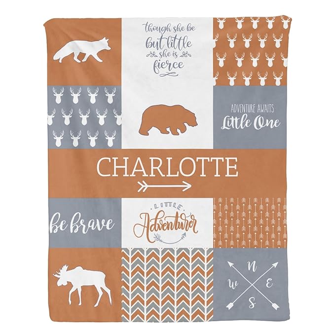 Customzed Baby Blanket for Girls Super Soft Double Layer with Dotted Backing, Monogrammed Receiving Blanket with Cute Woodland Multicolor Printed Blanket Burnt Orange 40 x 50 Inch