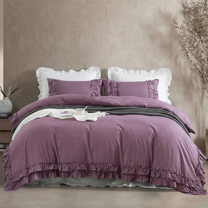 Bedorm Twin Duvet Cover Set Purple Ruffle Bedding Set Pleat Ruffled Shabby Chic Comforter Cover Extra Soft & Easy Care Farmhouse Boho Duvet Cover with Zipper Closure
