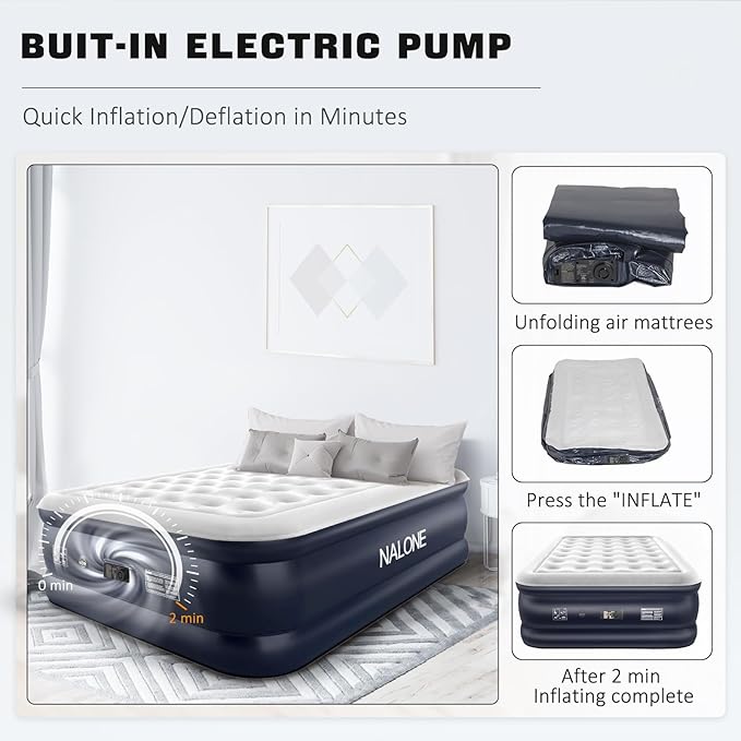 nalone Air Mattress Full with Built in Pump, 18'' Luxury Self Inflatable Mattress, 2026 Upgraded Fast Blow Up Mattress with Carry Bag, Portable Air Bed for Home, Travel & Camping, 650lbs Max