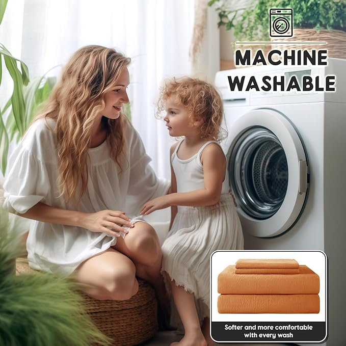SONORO KATE 100% French Pure Linen Sheets, Breathable and Durable Linen Queen Size Sheets, Anti-Tear Linen Bed Sheets, Machine Washable, 16 Inch Deep Pocket - 4 Piece (Orange, Queen)