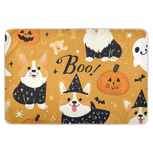 Waterproof Bed Pad Reusable Changing Pad Toddler Mattress Protector Large Pee Pad Baby Diaper Pad Soft Washable Liner Halloween Yellow Corgi Pumpkins Ghosts Stars
