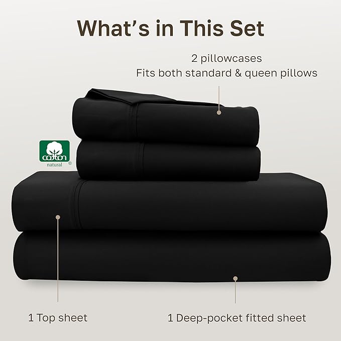 California Design Den Natural 100% Cotton Sheets, Soft Queen Sheet Set, 400 Thread Count Sateen, Deep Pockets with All-Around Elastic for a Snug Fit, Durable Bedding Set - Black