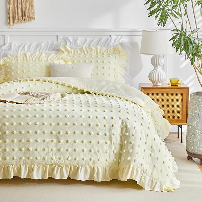 Flysheep Tufted Dots Ruffle Comforter Set Twin Size, 3 Pieces Yellow Vintage Farmhouse Shabby Chic Comforters, Jacquard Boho Bohemian Bedding Set for Kids (1 Ruffled Comforter+ 2 Pillow Shams)