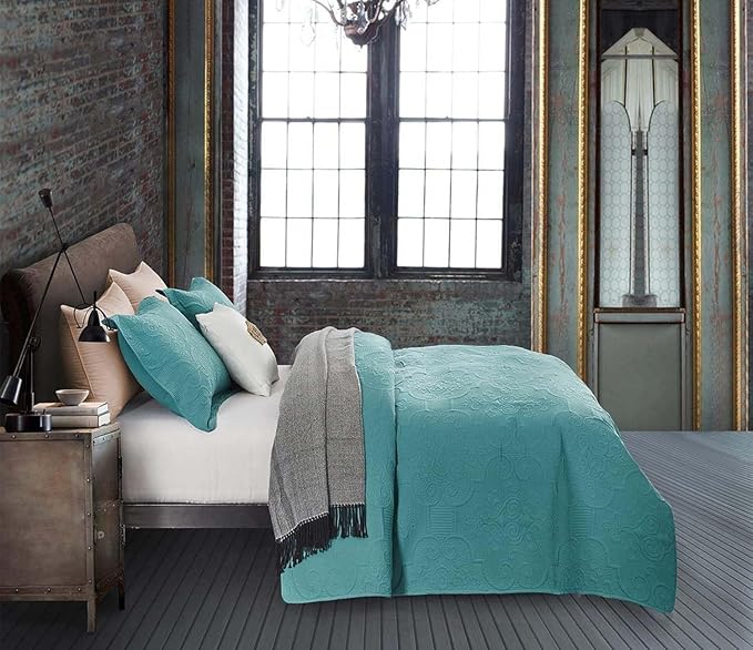 CHIXIN Quilt Twin Size - Damask Paisley Bedspread Coverlet Set - Classic & Gorgeous Style Bedding Cover, Ultrasonic Quilting, Reversible, Lightweight, 4 Piece, Lagoon