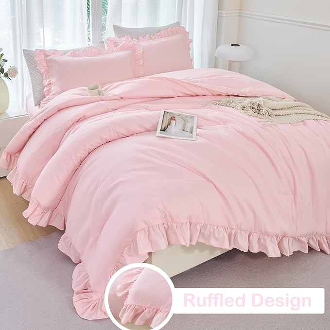 ANGIYUIN 5 Pieces Pink Twin Size Comforter Set for Girls Ruffled Kids Bed in A Bag with Sheet Sets Farmhouse Shabby Bedding Sets with Ruffle Soft Fluffy Bed Sets (Pink Twin)