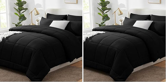 CozyLux Queen Comforter Set Black, 7 Pieces Bed in a Bag, Black Comforter Queen Size, All Season Bedding Sets with Stitch Quilted Comforter, Flat Sheet, Fitted Sheet, Pillowcases (Pack of 2)