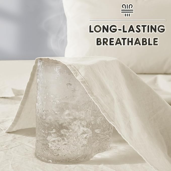 SONORO KATE 100% French Pure Linen Sheets, Breathable and Durable Line Twin Size Sheets, Anti-Tear Line Bed Sheets, Machine Washable, 16 Inch Deep Pocket - 3 Piece (Cream, Twin)