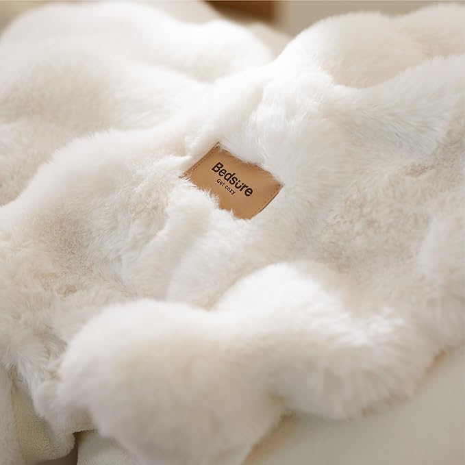 Bedsure GentleSoft Faux Fur Throw XL Blanket, Fluffy Fuzzy Large Throw Blanket for Bed, Soft Cozy Spring Bedding Minky Velvet Couch Cover, Thick Warm Plush Women Men Birthday Gifts, Cream