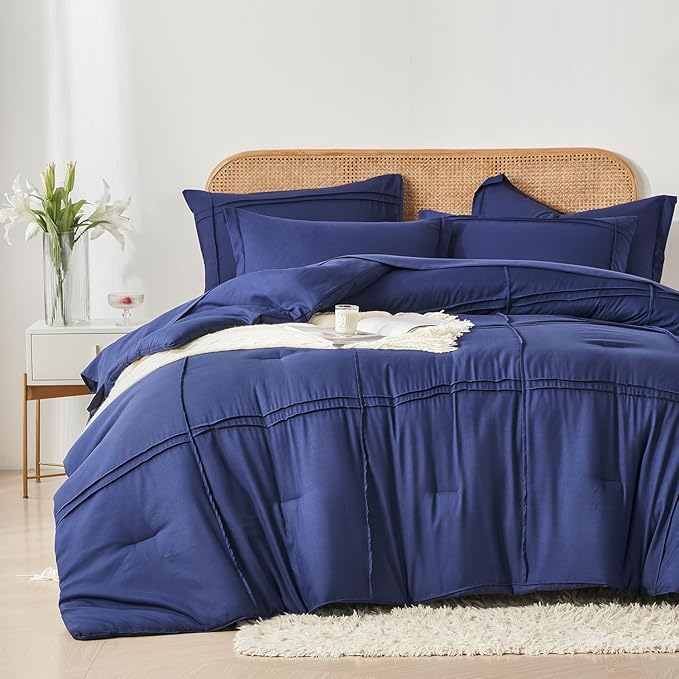 Yogeneg Twin Comforter Set 5 Piece Bed in a Bag,Grid Pinch Pleat Navy Blue Twin Bedding Set,Striped Textured Soft Microfiber Comforter with Sheet Set,All Season Complete Bed Set(Navy Blue,Twin)