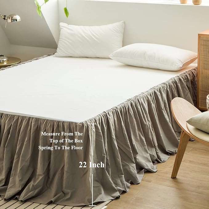 BISELINA French Linen Bed Skirt with Pleated Frills 22-Inch Tailored Drop Natural Flax Cotton Blend Dust Ruffle Soft Cozy Farmhouse Bedding (22" Full, Grey)