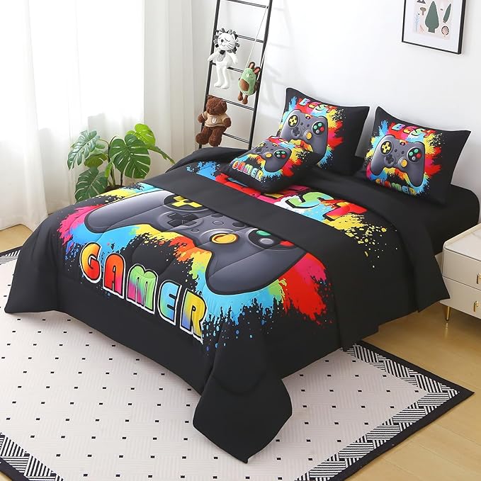 JQinHome Queen Gamer Comforter Sets for Boys,6 Piece Bed in A Bag 3D Video Gamer Bedding -All Season Microfiber Gaming Bedding Set for Kids, with Sheet Sets (Rainbow Black)