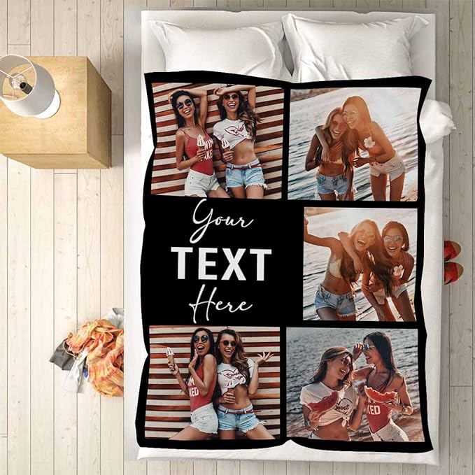 Custom Blankets with Photos Text, 5 Photos Custom Picture Blanket Best Friend Blanket Personalized Friendship Blankets for BFF Sister,Teen Girls Besties on Birthday, 8 Sizes