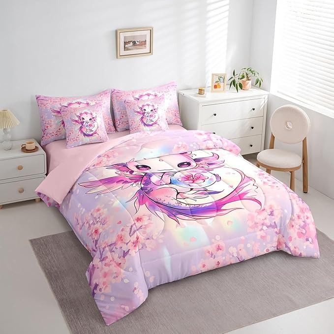 Feelyou Kids Cute Axolotl Bed in A Bag Full Size, Cartoon Animal 7 Pieces Bedding Set Boys Girls Kawaii Ocean Sealife Comforter Set with Sheets Floral Teens Bed Set Bedroom Decor 7Pcs