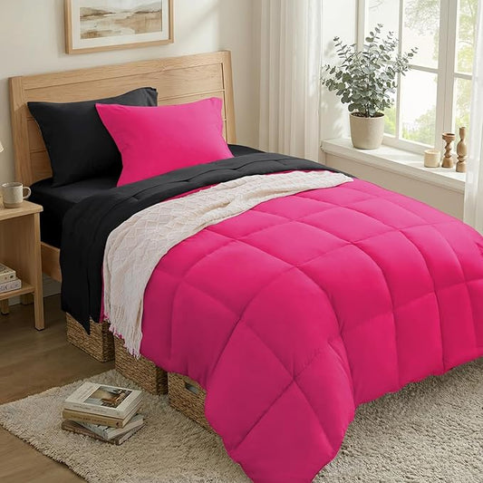 Anluoer Twin Comforter Set,Hot Pink&Black Bed in a Bag 5 Piece,Lightweight Bedding Set with Soft Down Alternative Fill,Bed Set Includes Comforter, Fitted Sheet, Flat Sheet,Pillowcase and Sham