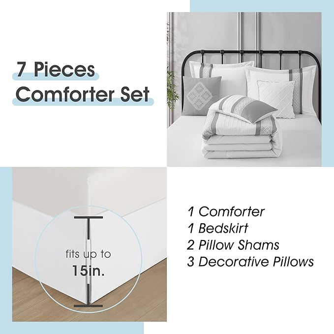 7 Piece Comforter Set, Grey White, Queen Size, Boho Style Geometric Microfiber Embroidery, Bed in a Bag with Bedskirt, Pillow Shams and Decor Pillows