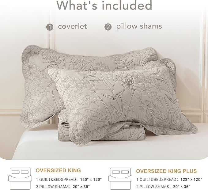 Lady Ann Oversized King Bedspread 120x120, Leaves Pattern Stitching Printed Quilt Set Soft & Lightweight Linen Feel Quilted Coverlet, 3 Pcs Extra Large Botanical Bedding Sets