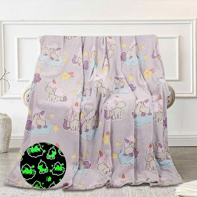 Glow in The Dark Blanket Unicorn Pattern for Unique Birthday Gifts for Girls Boys Teens, Lightweight Soft Cozy Warm Fuzzy 50"×60" Purple