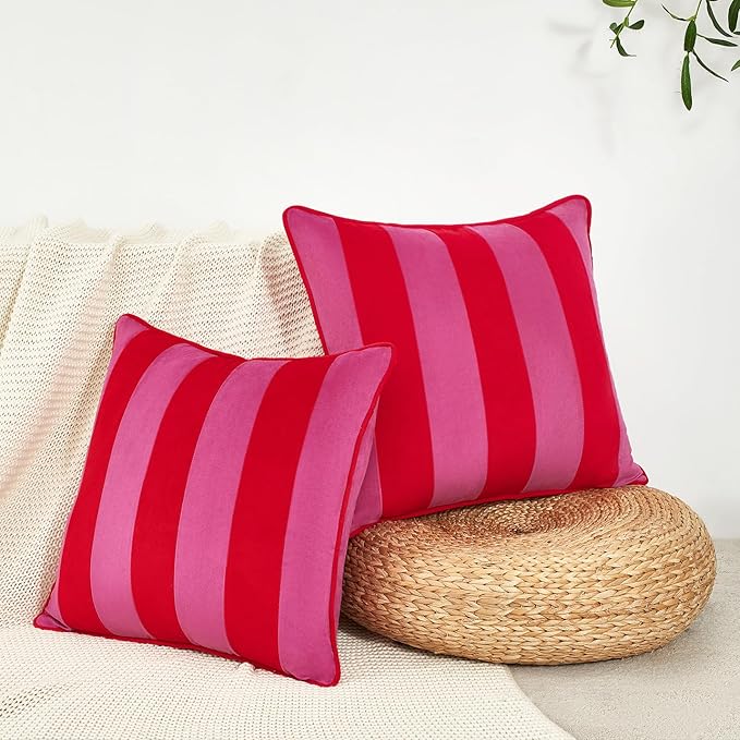 MONDAY MOOSE Decorative Throw Pillow Covers Cushion Cases, Set of 2 Soft Velvet Striped Piping Edge Designs, Pillow Inserts Not Included (20x20 inch, Hot Pink/Red)