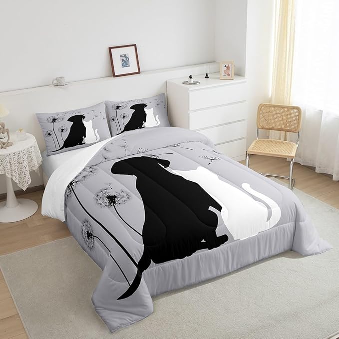 Cute Cat Dog Bedding Sets Twin, Kawaii Puppy Kitten Couple Comforter Set for Girls Boys Kids Teens, Dandelion Botanical Flowers Duvet Set, Cartoon Pet Animals Quilted Comforter with 2 Pillow Covers