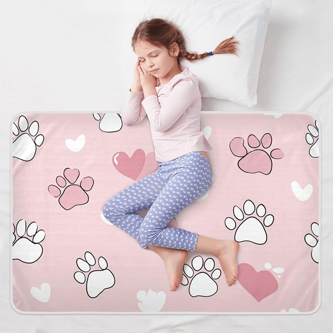 Waterproof Bed Pad Reusable Changing Pad Toddler Mattress Protector Large Pee Pad Baby Diaper Pad Soft Washable Liner Pink Cat Paw Print and Heart