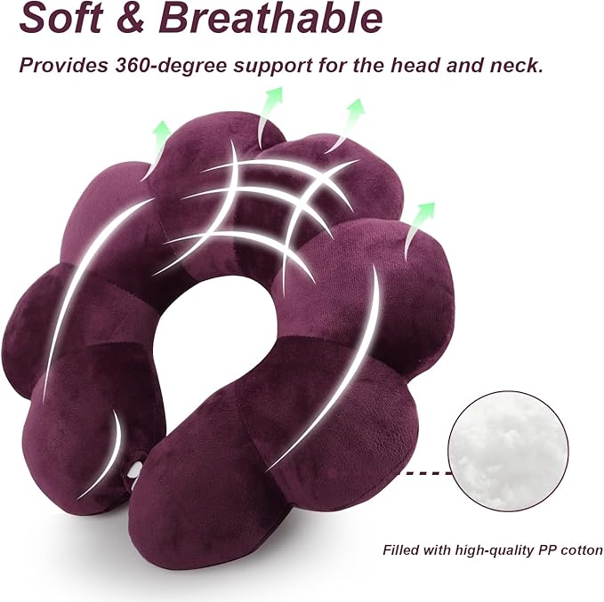Sexysamba Flower Travel Neck Pillows for Airplanes Breathable Cotton U-Shaped Neck Pillow for Kids & Adults Head Neck Chin Support Rest Pillow for Traveling,Car,Train,Bus,Recline,Home,Office,Purple