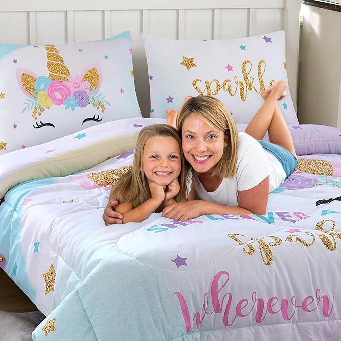 Cokouchyi Twin Size Comforter Set for Girls, 6-Piece Bed in a Bag, 3D Colorful Unicorn Bedding Comforter Sheet Set, Ultra Soft and Fluffy, Pink & Rainbow Color