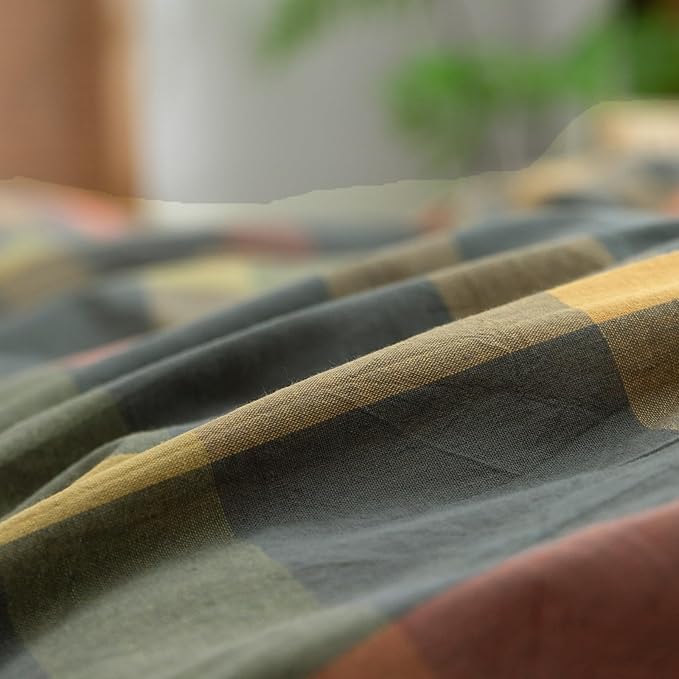 VM VOUGEMARKET Twin XL Plaid Duvet Cover Set Orange Grey Green Gingham Bedding Set Soft Washed Cotton Reversible Modern Cozy Duvet Cover with 2 Pillowcases for Teen Boys- 68x90 Inch