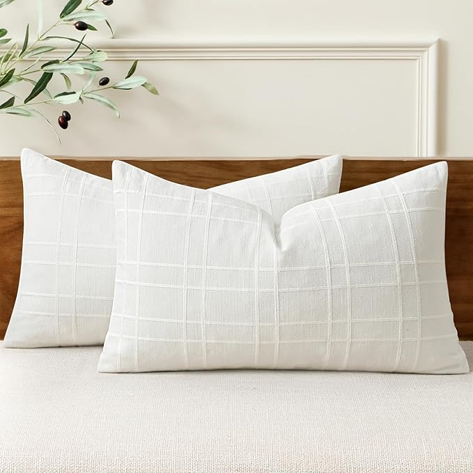 MIULEE Decorative Linen Check Lumar Throw Pillow Covers Neutral Farmhouse Vintage Pillow Covers 12x20 Set of 2 Boho Modern Home Decor for Sofa Couch Bedroom Cushion Cream White