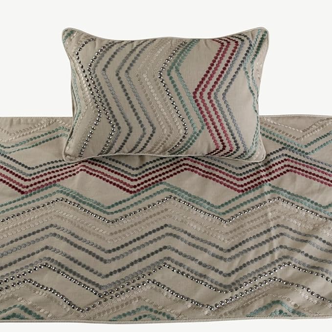 The HomeCentric King Queen Twin Beige Linen Bed Runner Without Pillow Cover, King Size 90"x18" Bed Runner Without Pillow Cover, Linen with Embroidery, Chevron Modern Pattern - Dotty Chevron