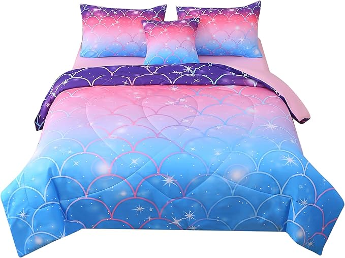 JQinHome Queen Size Mermaid Comforter Set, 6 Piece Bed in A Bag 3D Colorful Bedding Set for Girls Kids (1 Comforter,2 Pillowcases,1 Flat Sheet,1 Fitted Sheet,1 Cushion Cover)(Pink Mermaid Scale)