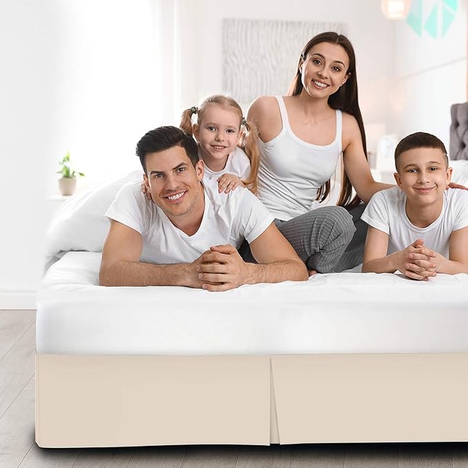 Pleated Bed Skirt 20 Inch Drop Calking Size – Wrinkle-Free Microfiber – Dust Ruffle with Split Corners Ivory