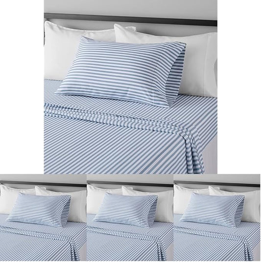 Amazon Basics Lightweight Super Soft Easy Care Microfiber 3 Piece Bed Sheet Set with 14-inch Deep Pockets - Twin, Dusty Blue Pinstripe,Printed (Pack of 4)
