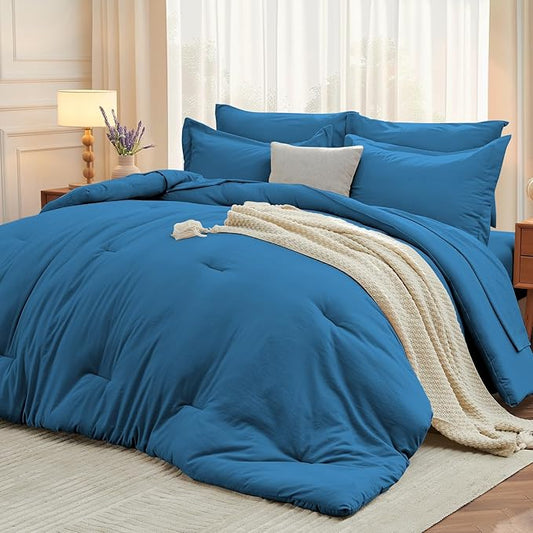 MUXHOMO 7 Pieces California King Comforter Set, Soft Bed in a Bag Cal King Size, All Season Bedding Set with Comforter, Flat Sheet, Fitted Sheet, Pillowcases & Shams, Bluish Green
