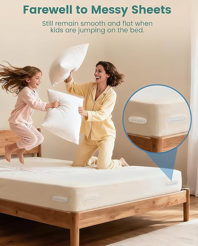 UNILEAF Bed Sheet Holders for Corners, 4-Pack Bed Sheet Grippers, Fabric-Safe Fitted Sheet Holder, No-Lift Corner Clips, One-Time Install, Universal Fit for Twin–King Mattresses