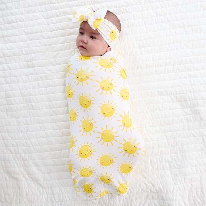 Little Sleepies Swaddle & Headband Bow Set, Viscose from Bamboo Baby Swaddles, Newborn Baby Girl Clothes (Luxe Sunshine)