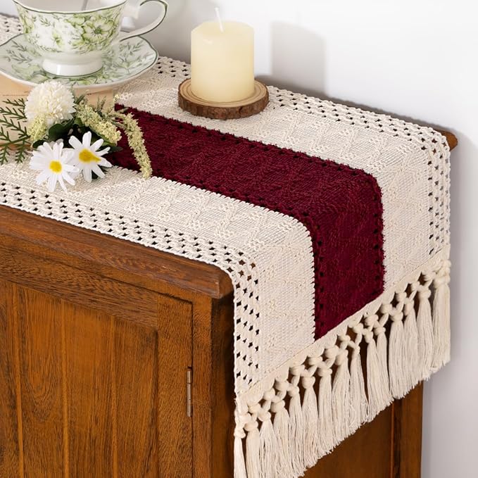 Socomi Boho Table Runner Valentine's Day Farmhouse Rustic Dining Kitchen Centerpiece Decor Small Macrame Woven Cotton Linen Coffee Table Runner for Dresser Scarf Home Decor 12x36 in Burgundy Ivory