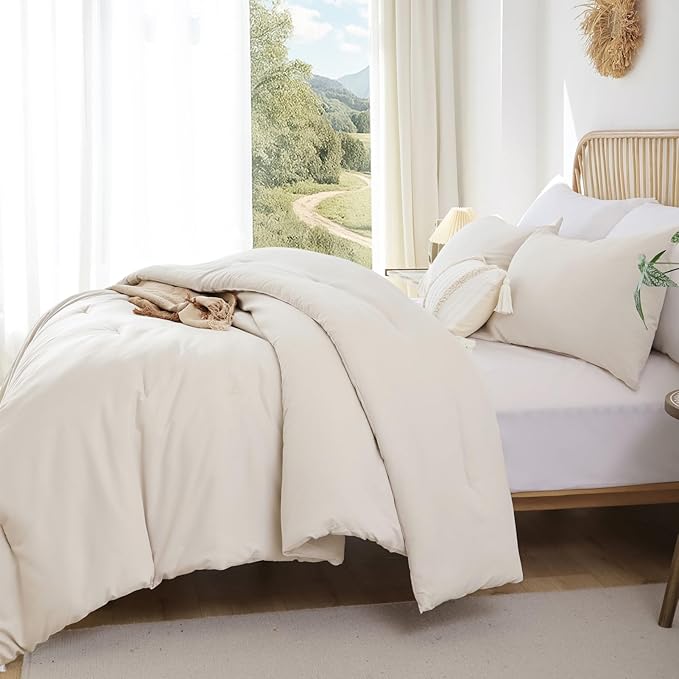 ROSGONIA King Size Comforter Set Beige, 3pcs (1 Boho Comforter & 2 Pillowcases) All Season Bedding Soft Lightweight Bedspread Cozy Blanket Quilt