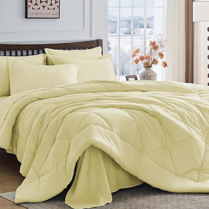 HEVUMYI Cream Yellow Queen Comforter Set - 7-Piece All Season Bed in a Bag Queen, Ultra Soft Bedding Set with Comforter, Flat Sheet, Fitted Sheet, Pillowcases, Pillow Shams