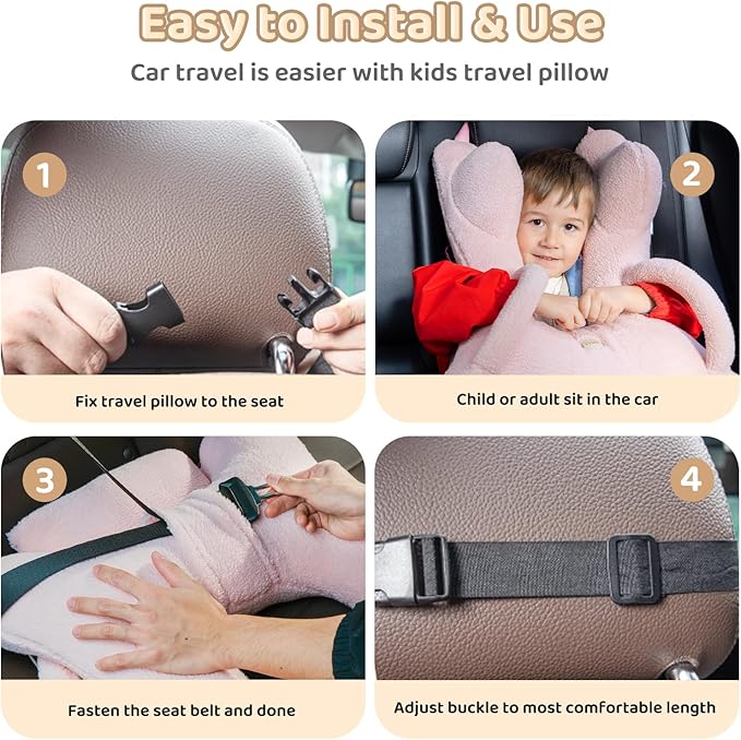 FLORICH Kids Travel Pillow, Car Sleeping Travel Pillow for Kids, Removable H-Shaped Pillow for Adults and Children to Support Head and Body Road Trips with Neck Pillow and Blanket (Pink)