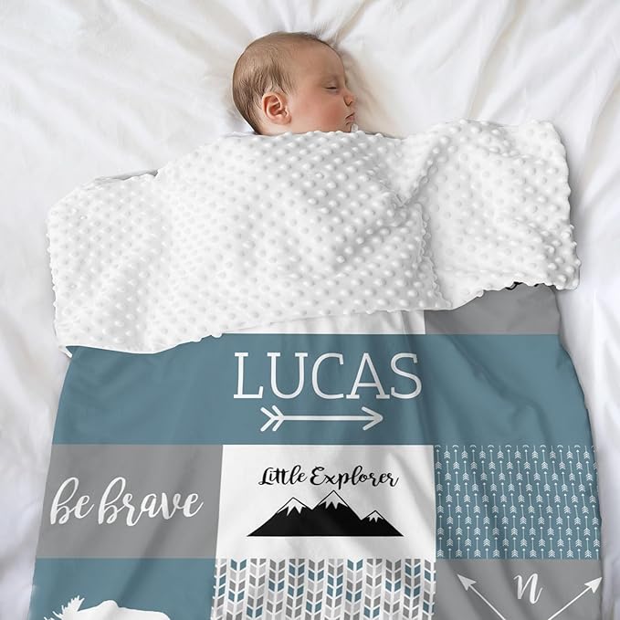 Personalized Baby Blanket for Boys Super Soft Double Layer with Dotted Backing, Lovely Woodland Animal Design Blanket for Toddler Newborn, Polyester, Bell Blue, 35 x 45 Inch