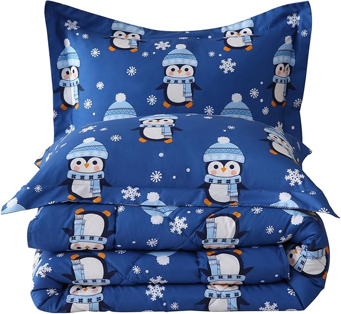 JSD Penguin Snowflakes Kids Christmas Comforter Set Full Size, 3 Piece Xmas Printed Microfiber Bedding Set, Machine Washable