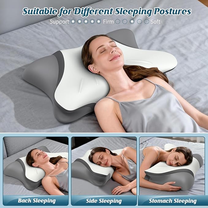 Cervical Neck Pillow for Pain Relief, Bed Pillows for Sleeping, Ergonomic Cooling Pillow, Orthopedic Contour Pillow for Side Back Stomach Sleepers,Neck Support Memory Foam Pillows (White&Grey)