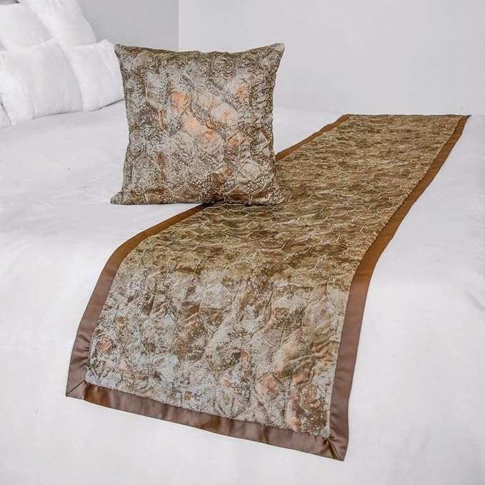 The HomeCentric King/Queen/Twin Copper Designer Queen 74"x18" Bed Runner Without Pillow Cover, Beaded & Foil Bed Scarf on Silk Fabric - Aranka