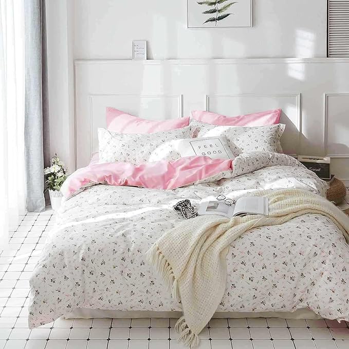 5 Pcs Twin Size Comforter Set with Sheets, Pink White Floral Pattern Printed Preppy Decor Reversible Bed Sets - 68 x 90 Soft Microfiber Flower Duvet Cottage Vintage Bedding in a Bag for Women Girls