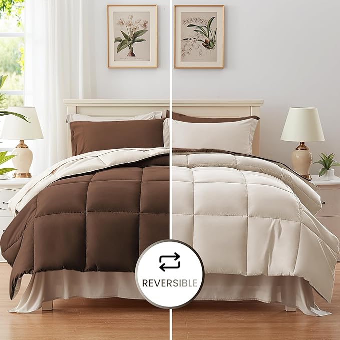 Anluoer Full Comforter Set,Brown&Beige Bed in a Bag 7 Piece,Lightweight Bedding Set with Soft Down Alternative Fill,Bed Set Includes Comforter, Fitted Sheet, Flat Sheet,Pillowcases and Shams