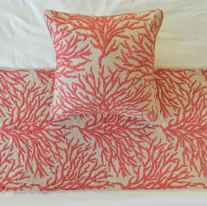 The HomeCentric King/Queen/Twin Coral, Peach & Pink Designer Twin 53"x18" Bed Runner with 2 Pillow Cover, Coral, Pearl Embroidery, Under The Sea & Beach Theme On Linen Fabric - Coraline Pearls
