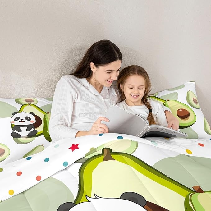 Erosebridal Panda Comforter Set Queen,Avocado Bedding Set Cute Black White Panda Bedding Bear Cat Bedding Comforter for Kids Boys Girls Green Tropical Fruit Quilt Duvet Set Room Decor 2 Pillow Cases